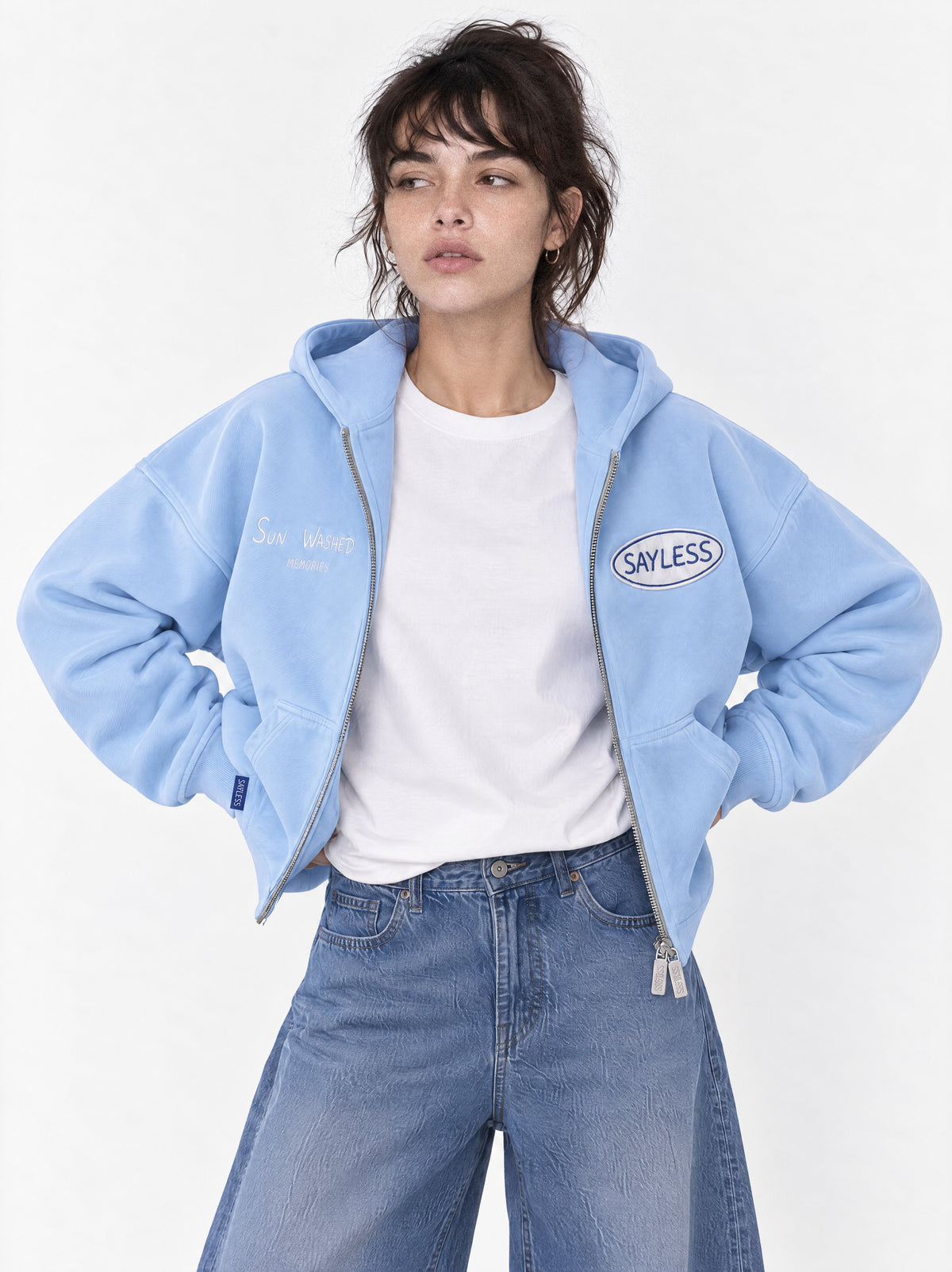 Zipped hoodie"Sometimes you just need a one-way flight" - Washed blue