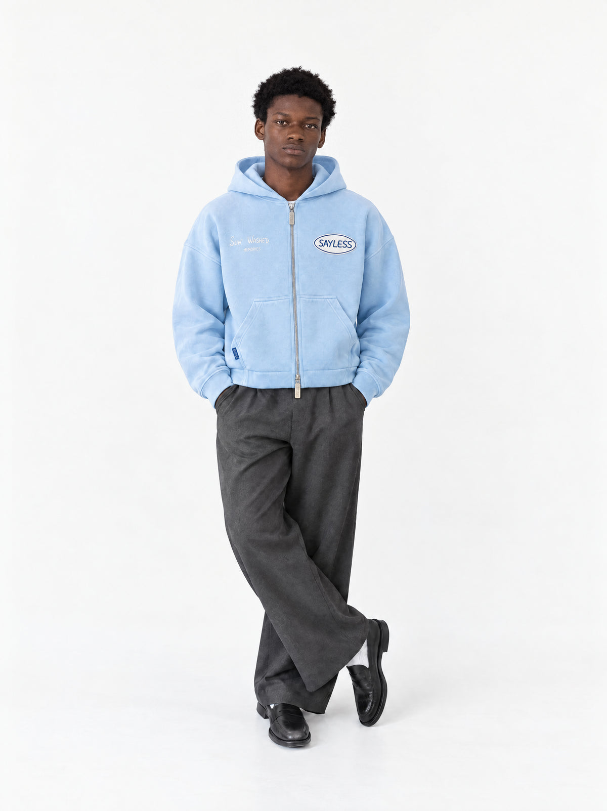 Zipped hoodie"Sometimes you just need a one-way flight" - Washed blue